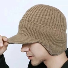 Fleece Lined Ear Flaps Cap Warm Peaked Knit Cap Winter Beanie Hat Men