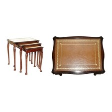 VINTAGE NEST OF THREE GOLD LEAF EMBOSSED BROWN LEATHER TOPS SIDE END WINE TABLES