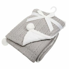 Grey Cable Knit Blanket W/ Pom