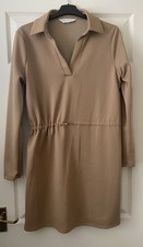 Ladies Primark Long Sleeve Light Brown  Collared Drawstring Dress Size UK 10-12