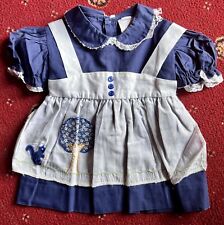 Adorable Vintage Little Girls Blue Dress With Apron & Embroidered Squirrel 6-12m