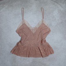 Zara Glitter Cami Top Womens Large Pink Flowy Ruffle Lace Trim V-neck Crinkle