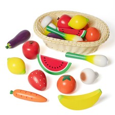 Wooden Play Food with Basket Kids Pretend Play Food Fruit & Vegi Toy Set 21PCs