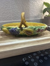 SARREGUEMINES FRANCE ANTIQUE MAJOLICA FRUITS BASKET OVAL SHAPED BOWL