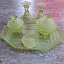 Vintage Sowerby Frosted Uranium Green Glass 6 Piece Dressing Table Set.