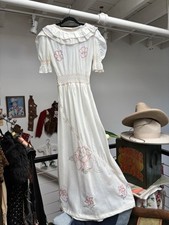 Vintage 1940s Dress WW2 Parachute Silk Embroidered L Souvenir Honeycomb Smocked