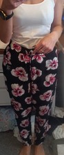 ** FLORAL ELASTICATED WAIST SMART CASUAL TAPERED LEG LIGHT COTTON TROUSERS 6 **