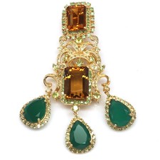 Thai Handmade Golden Yellow Citrine, Agate, Peridot & Tsavorite Brooch