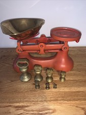 Rare Boots Of Nottingham Red Kitchen Scales With 7 X Brass Bell Weights