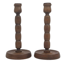 Pair Vintage Wooden Candlesticks 20.5cm Hand Turned Rustic Taper Candle Holders