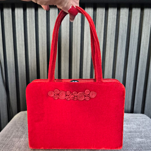 Red velvet top handle bag - top,