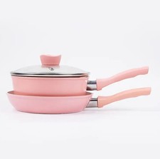 3pcs None Stick High Quality Pink Cooking Pot Set, Stockpot & Frying Pan