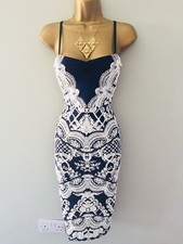 Lipsy Navy Cream Bodycon Midi Dress Size 16 Party Occasion Wedding Summer Sexy