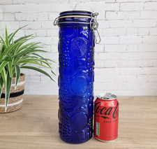 Vintage Cobalt Blue Glass Fruit Embossed Pasta Storage Jar, Canister & Clamp Lid