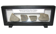 Roman Grey Ware pottery shards lot of 4 in labelled display case Yorkshire