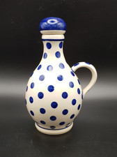 Boleslawiec Polish Pottery Polka Dot Olive Oil Bottle with Lid, Blue & White.