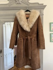 Vintage retro 70s tan suede/sheepskin Women's Coat Fur Collar Size M 12-14 VGC