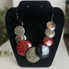 Bold Statement Necklace Chunky Red Rose & Snake Print Beads Fashion Costume