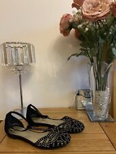 M&S Black Suedette Gold Tone Studs Mary Jane T-Post Flat Shoes Size 3 Worn Once