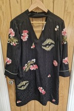 Women's Dune Japanese Style V Neck Dress In Black With Floral Design UK Size 14