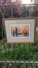 Original Acrylic Painting Boats At Evening by Brian Barlow Framed Sunset Signed