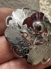 Vintage Silver Tone thistle purple stone Plaid pin/brooch.Celtic Scottish mizpah