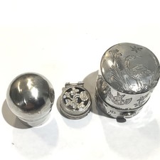 Two antique silver perfume/scent bottle tops & vinaigrette grille insert.