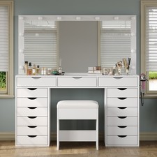 Yanosaku Vanity Desk with Mirror, 15 Drawers Vanity with Lights, Chair