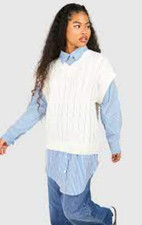 Cream Cable Knit Mock Layer Blue Pinstripe Shirt Size M/L