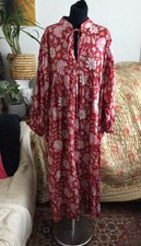 ?Handmade Indian Cotton Red Floral Print Kaftan Dress XL Bohemian Cottage Folk