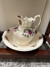 Ironstone Victorian Ceramic Wash Basin And Jug, Decorated with Flowers