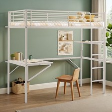 White High Cabin Bed Loft Bed Metal Bunk Bed Frame with desk/Socket/lights