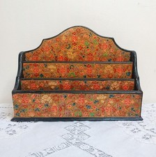 Vintage Kashmir Hand Painted Orange Floral Papier Mache Desktop Letter Rack 