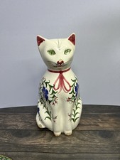 Vintage Art Pottery Cat Figurine, Knossos, Cyprus, Hand Painted Flowers, A/F