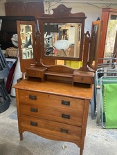 Vintage Antique Brown Wooden Dressing Table Chest of 3 Drawers & Triple Mirror