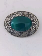 Silvertone & Green Agate Brooch Oval Vintage Celtic Acorn Oak Leaf 1.5"