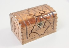 1980s Hand Carved Wooden Jewellery Box TV Prop Red Velvet Lined Cottagecore Deco