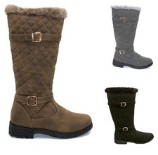 Womens Ladies Mid Calf Boots Buckle Faux Fur Warm Winter Low Block Heel Shoes