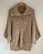 Womens UK 16 Poncho Cape Batwing Cardigan Cable Knit Chunky Angora Wool Brown
