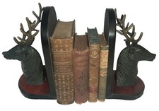 Pair of Stag-Head Bookends Metal on Veneered  Board.