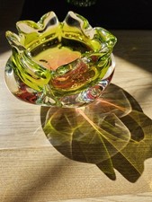 Vintage Yellow Orange Art Glass Ashtray Floral Bowl Shape 4 Cigarette Slots