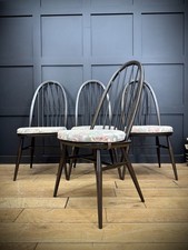 Set of 4 Ercol Quaker Windsor Dining Chairs – Dark Wood & Original Cushions