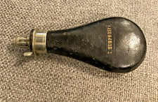 Sykes leather covered powder flask, hard case Name and monogram (Humphreys)