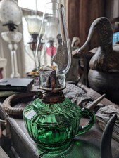 Vintage Green Glass Finger Oil Lamp & Chimney Christmas Country Cottage Interior