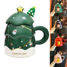 Christmas Santa Tree Coffee Mug with Lid & Spoon Lovely Ceramic Tea Cups Gift