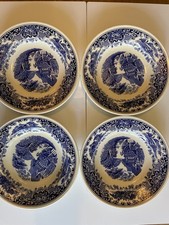 4 x Myotts ironstone ‘Cambridge Old England’ blue & white Soup/pasta 9.5"
