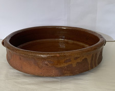 Large Glazed Terracotta Dish / French Tian Bowl - Brown - Pre-Loved - D 12 "