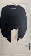ZARA Black Puff Sleeve Knit Top Blouse Size M Ruched Drama Sleeve