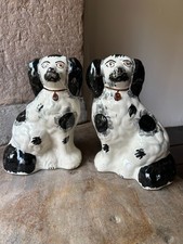 Pair of Antique Staffordshire King Charles Spaniel Dogs Black and White 20 cm  
