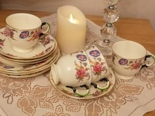 Tuscan Plant 388A Vintage Tea Set. Floral Design.  Multicoloured Cup Handles.